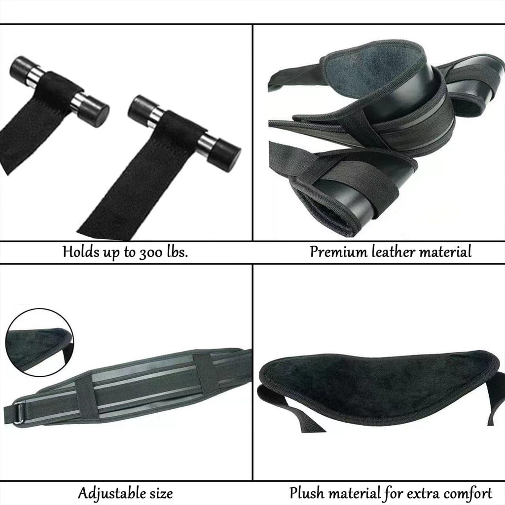 Black adjustable restraint straps with reinforced ends and plush padded comfort panel