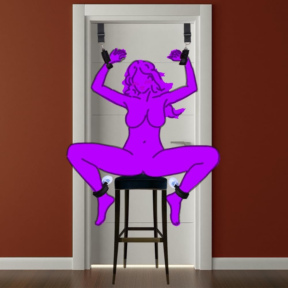 Black door swing restraint setup with padded seat and secured straps in an open doorway