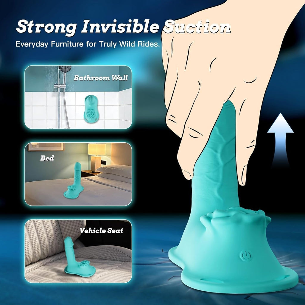 Teal silicone thrusting toy with wide base and black harness strap