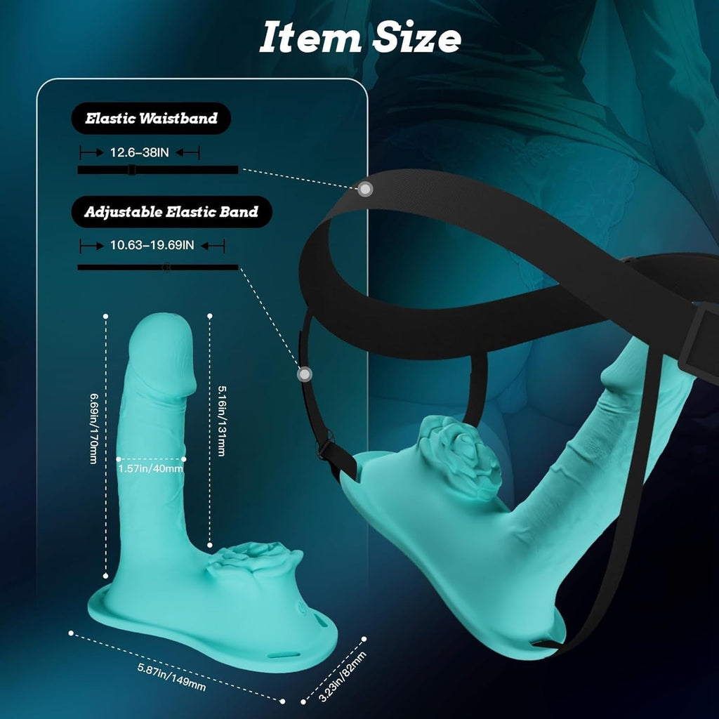 Teal silicone thrusting toy with elastic waistband and adjustable harness strap sizes