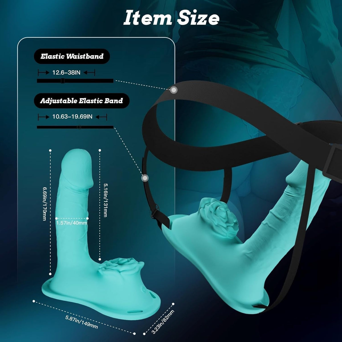 Teal silicone thrusting toy with elastic waistband and adjustable harness strap sizes