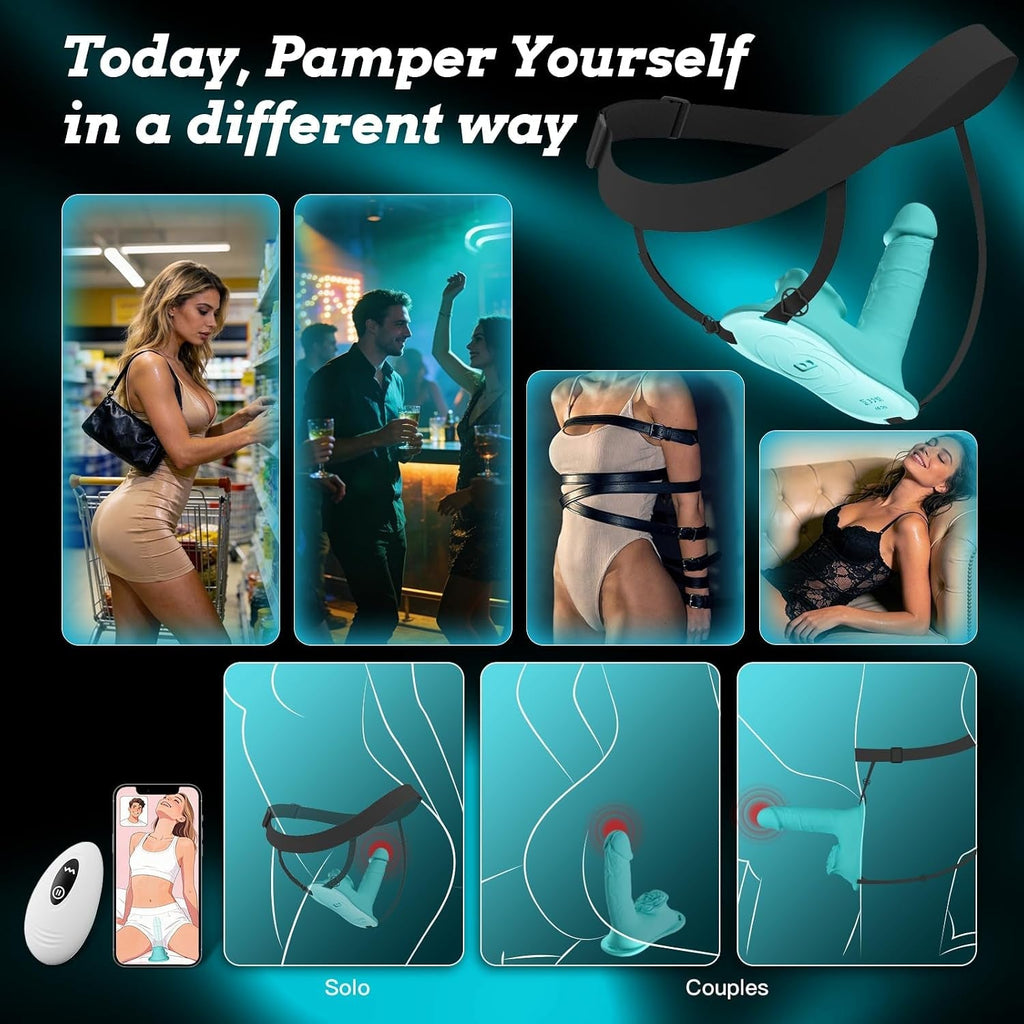 Teal wearable thrusting toy with black harness strap and teal body attachment