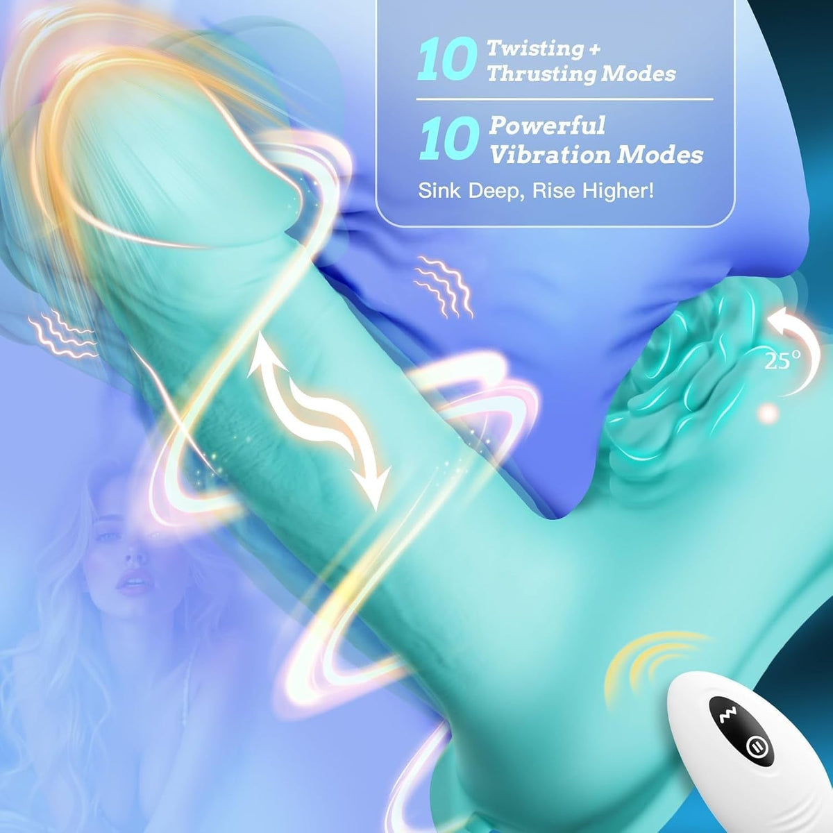 Teal silicone thrusting toy with wavy rose texture, shown in close-up view