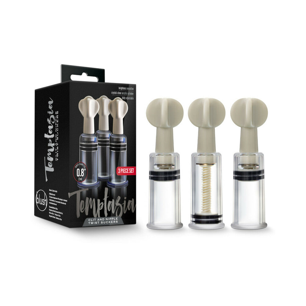 Temptasia boxed set with three clear cylinder twist suction devices and pale silicone heads.