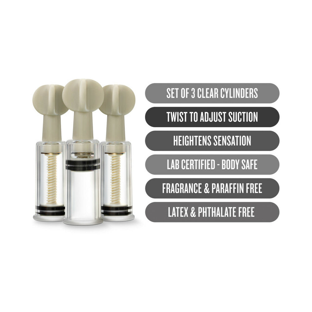 Set of 3 clear cylinder twist suction devices with pale silicone suction heads.