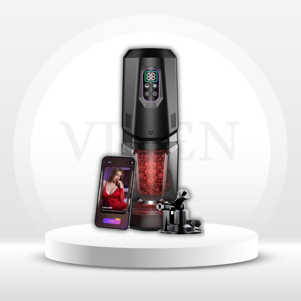 Black and red automatic stroker device with control panel and translucent red chamber