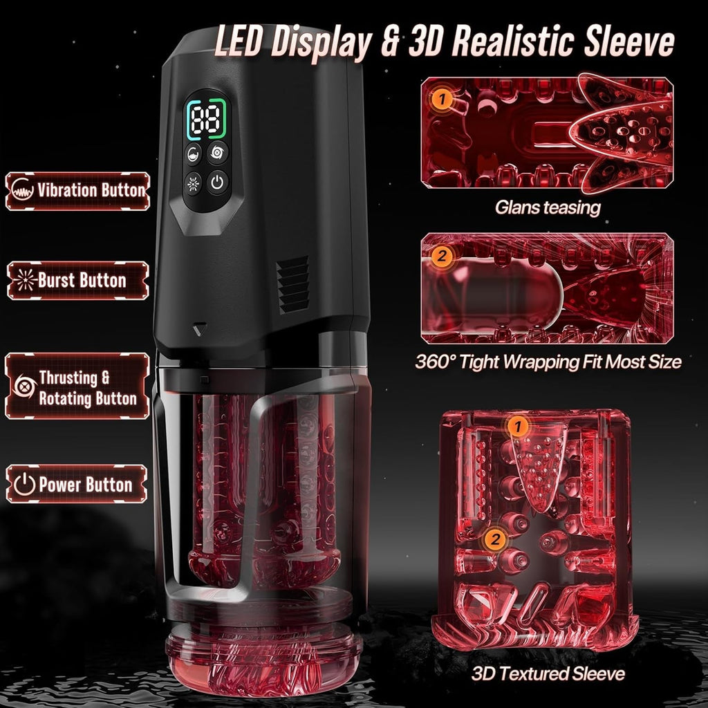 Black automatic stroker with LED display and 3D textured red sleeve detail