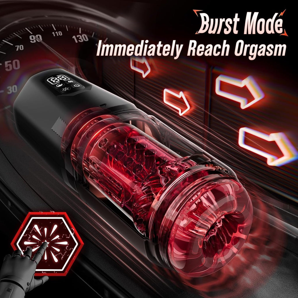 Black automatic stroker with red translucent chamber and glowing burst-mode arrows