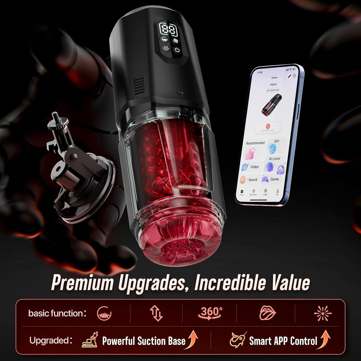 Black automatic stroker with red translucent cylinder, phone app screen, and adjustable head