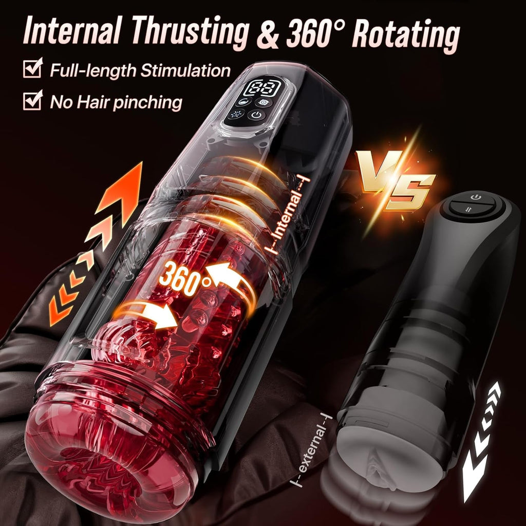 Black automatic stroker with 360° rotating red chamber and top control buttons