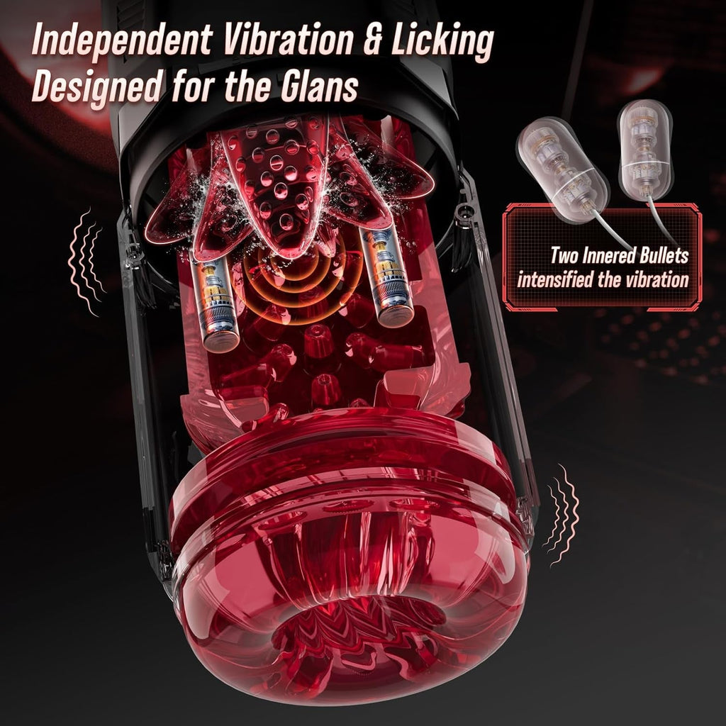 Black automatic stroker with clear red internal mechanism and dual vibration tips