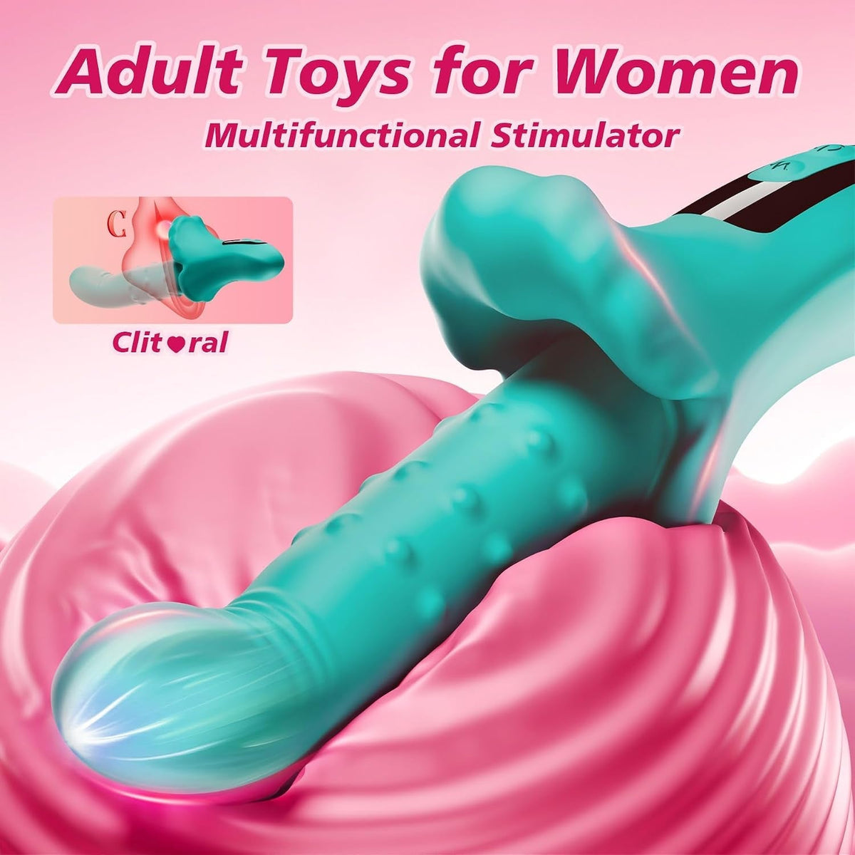 Teal curved silicone stimulator with textured ridges along the shaft