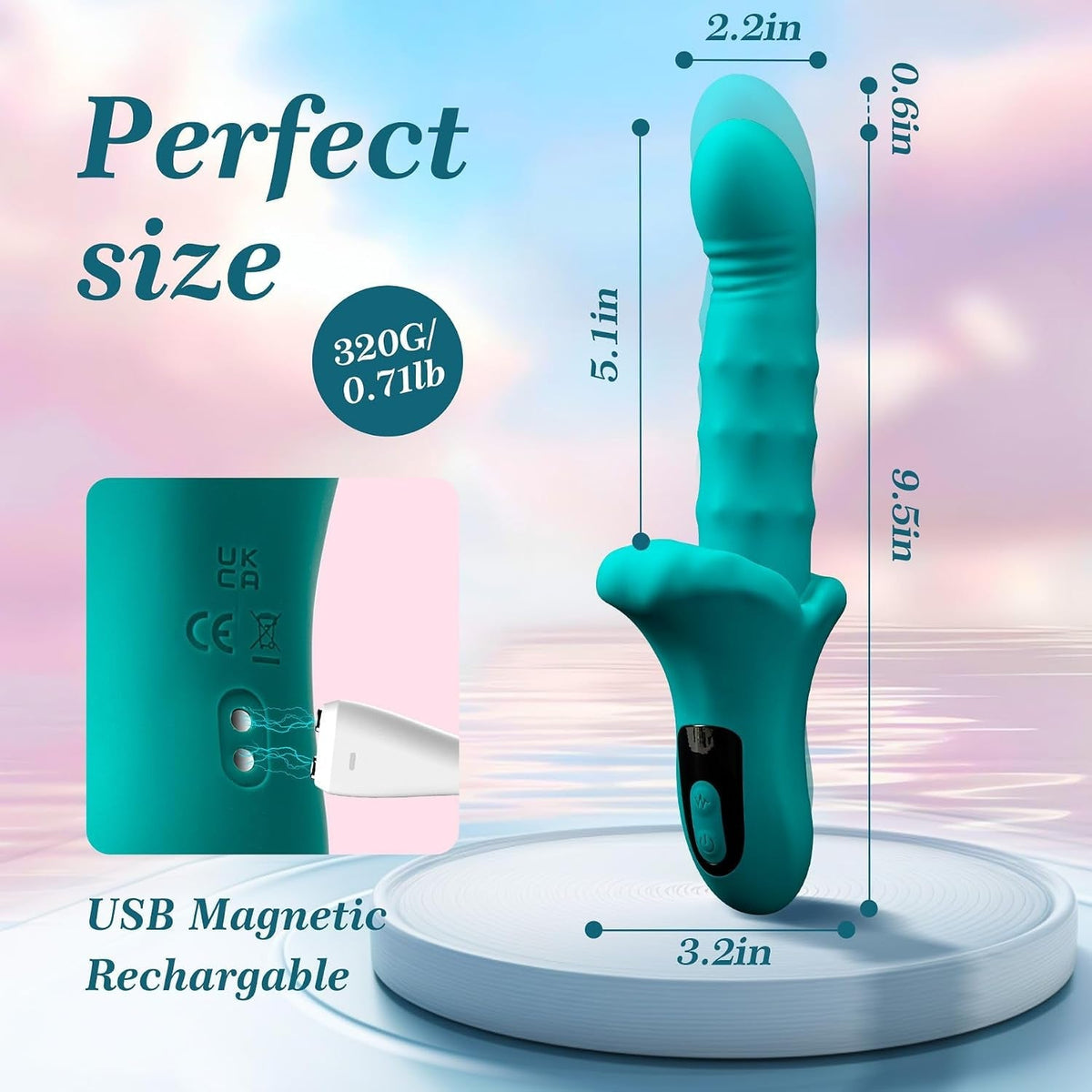 Teal silicone vibrator with black control display standing on a round base