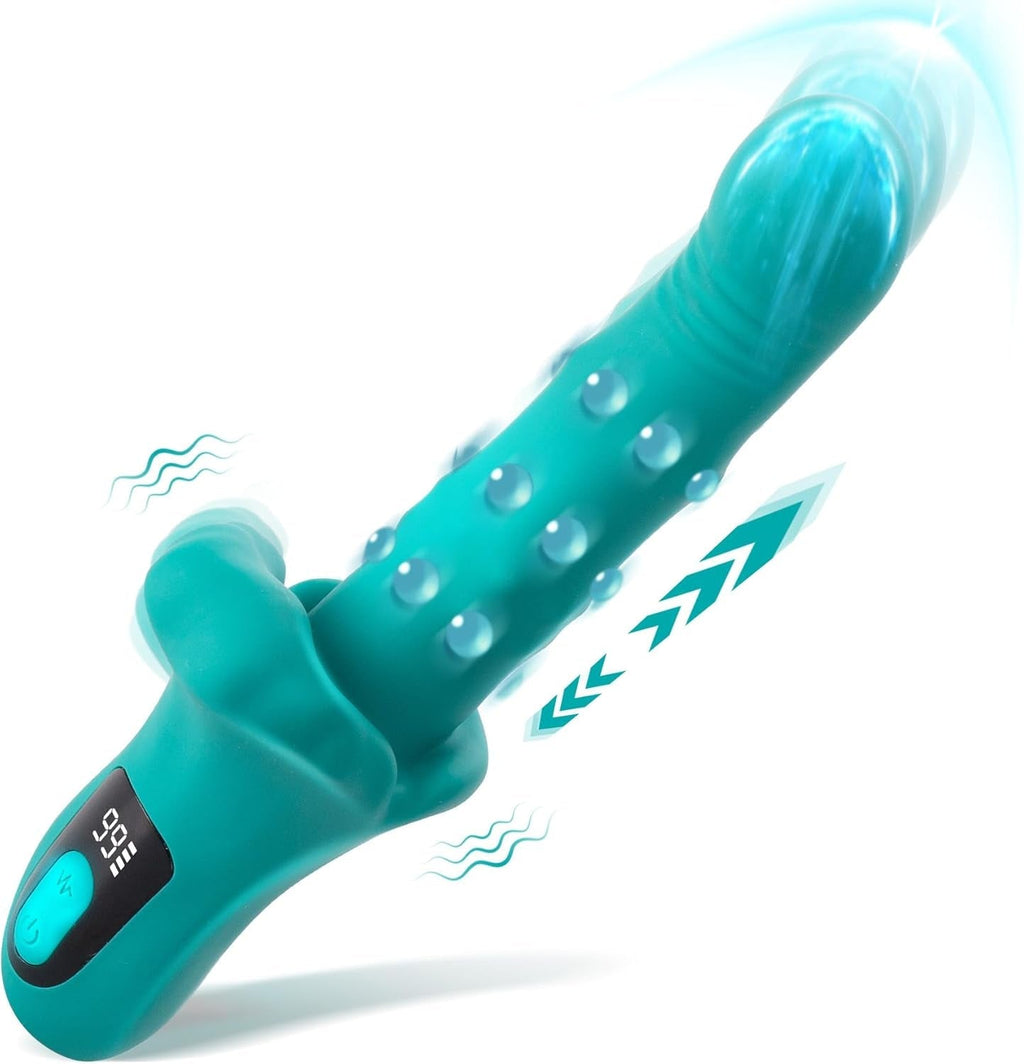 Teal curved vibrating massager with raised studs on the shaft and control display