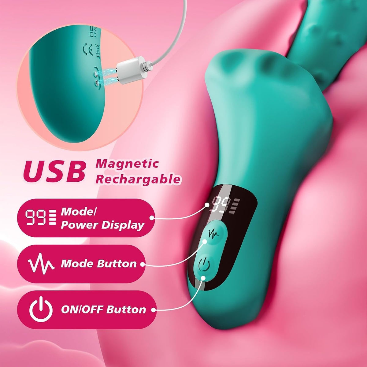 Teal rechargeable vibrator with USB port and black button panel on handle