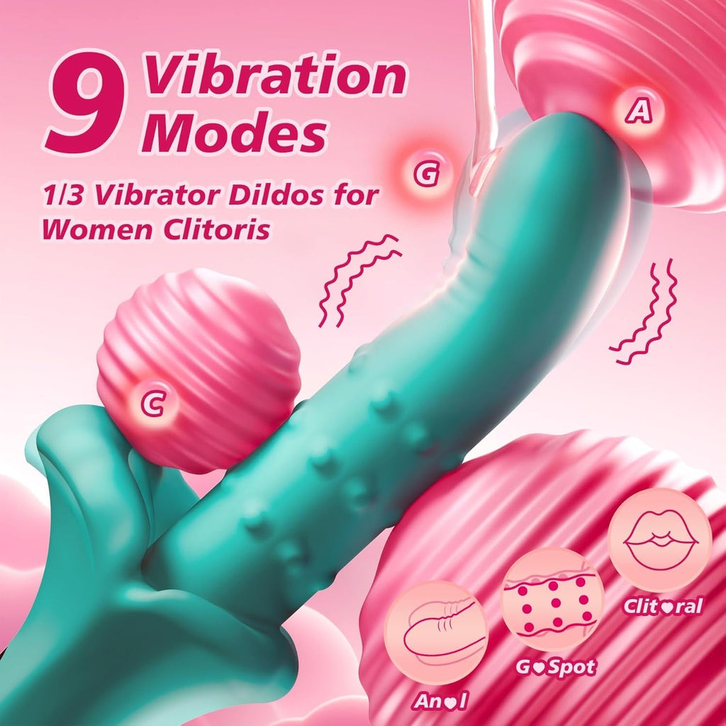 Teal vibrator with ribbed head and bulbous midsection, control buttons on handle
