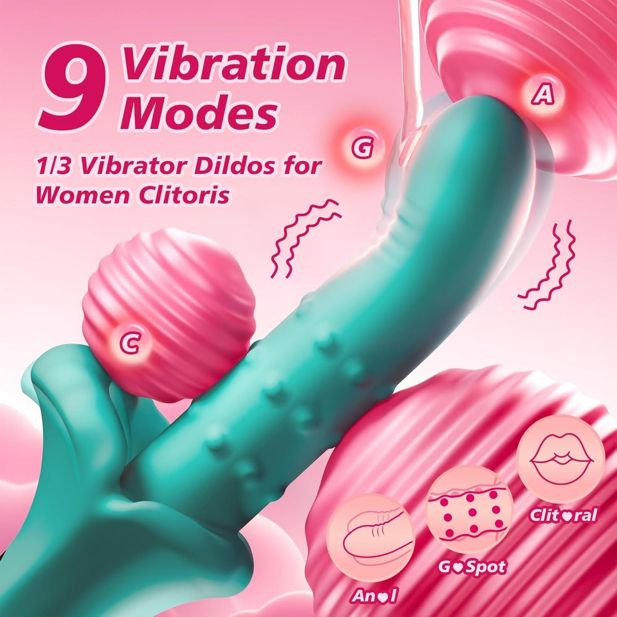 Teal vibrator with ribbed head and bulbous midsection, control buttons on handle