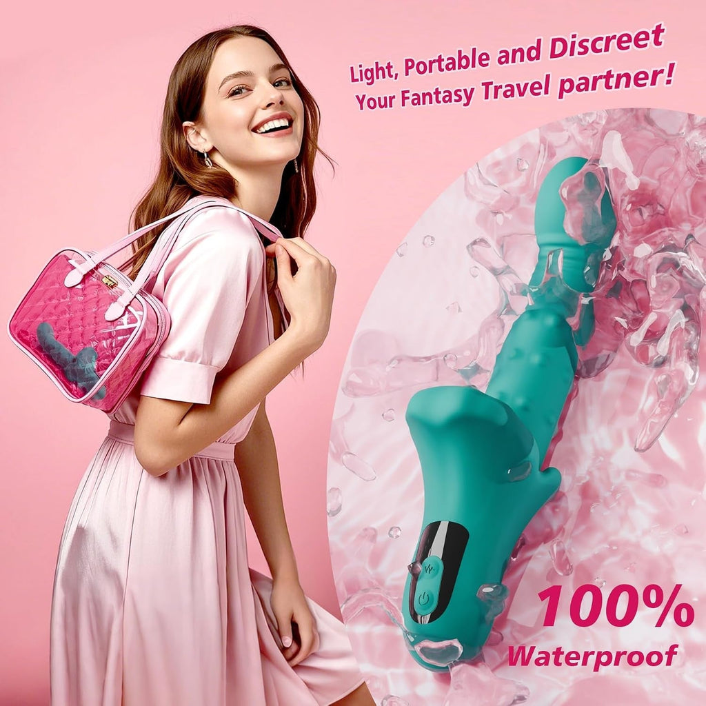Teal waterproof vibrator in clear gel case with black control display