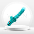 Teal curved silicone massager with round base and control display on handle
