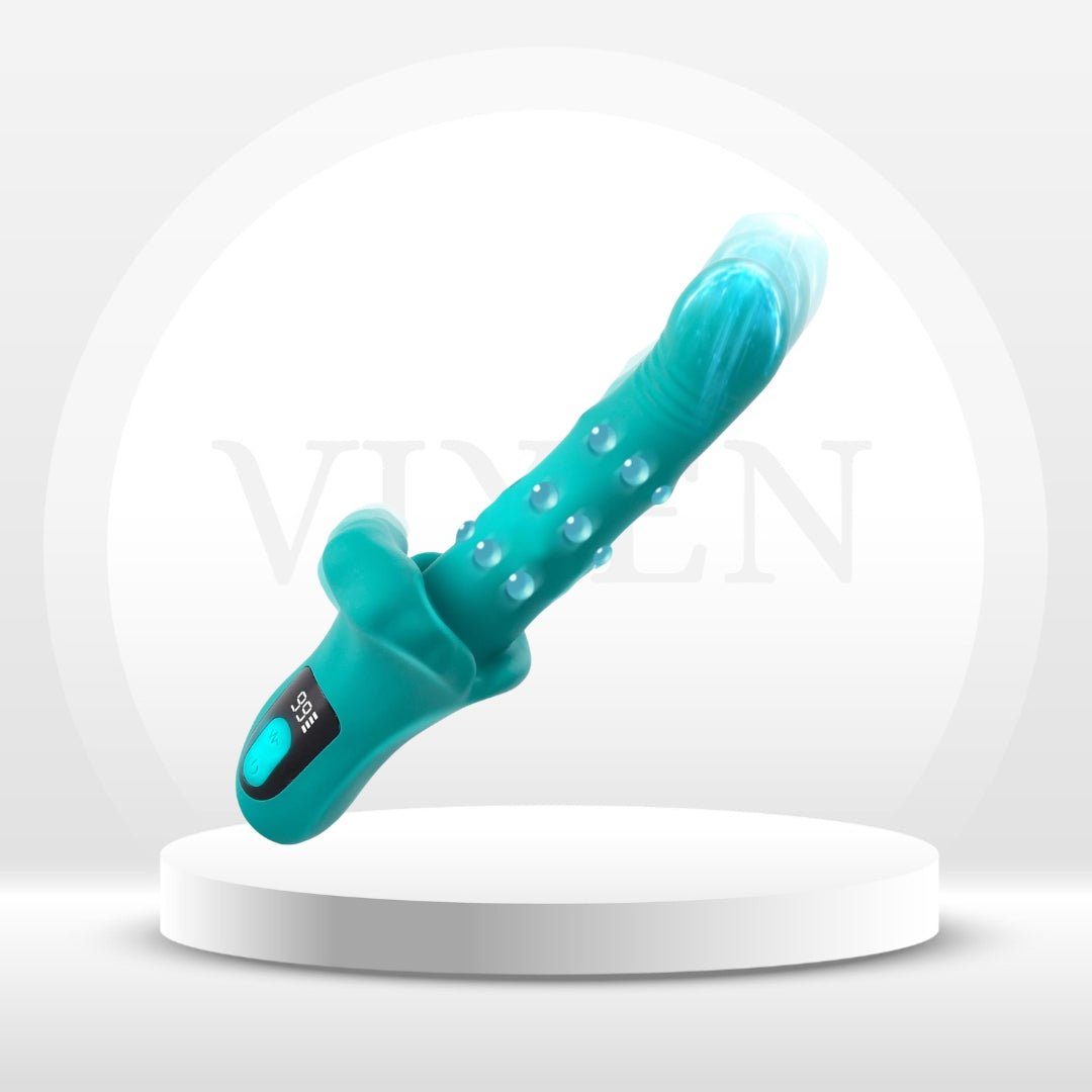 Teal curved silicone massager with round base and control display on handle