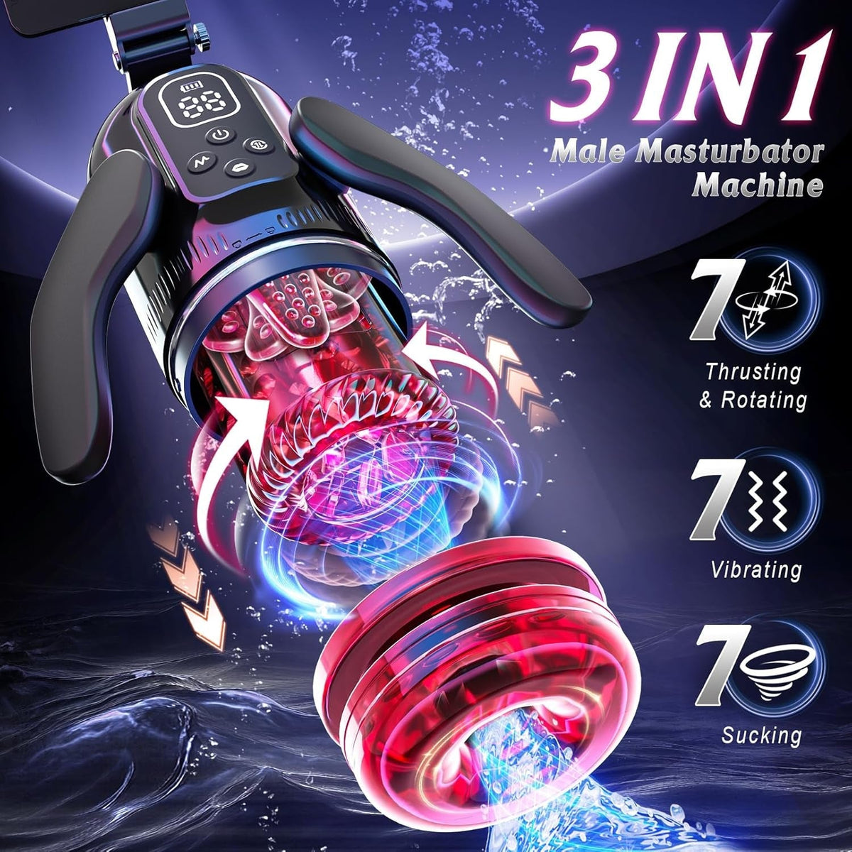 Male masturbator with curved handles and illuminated transparent red internal cylinder