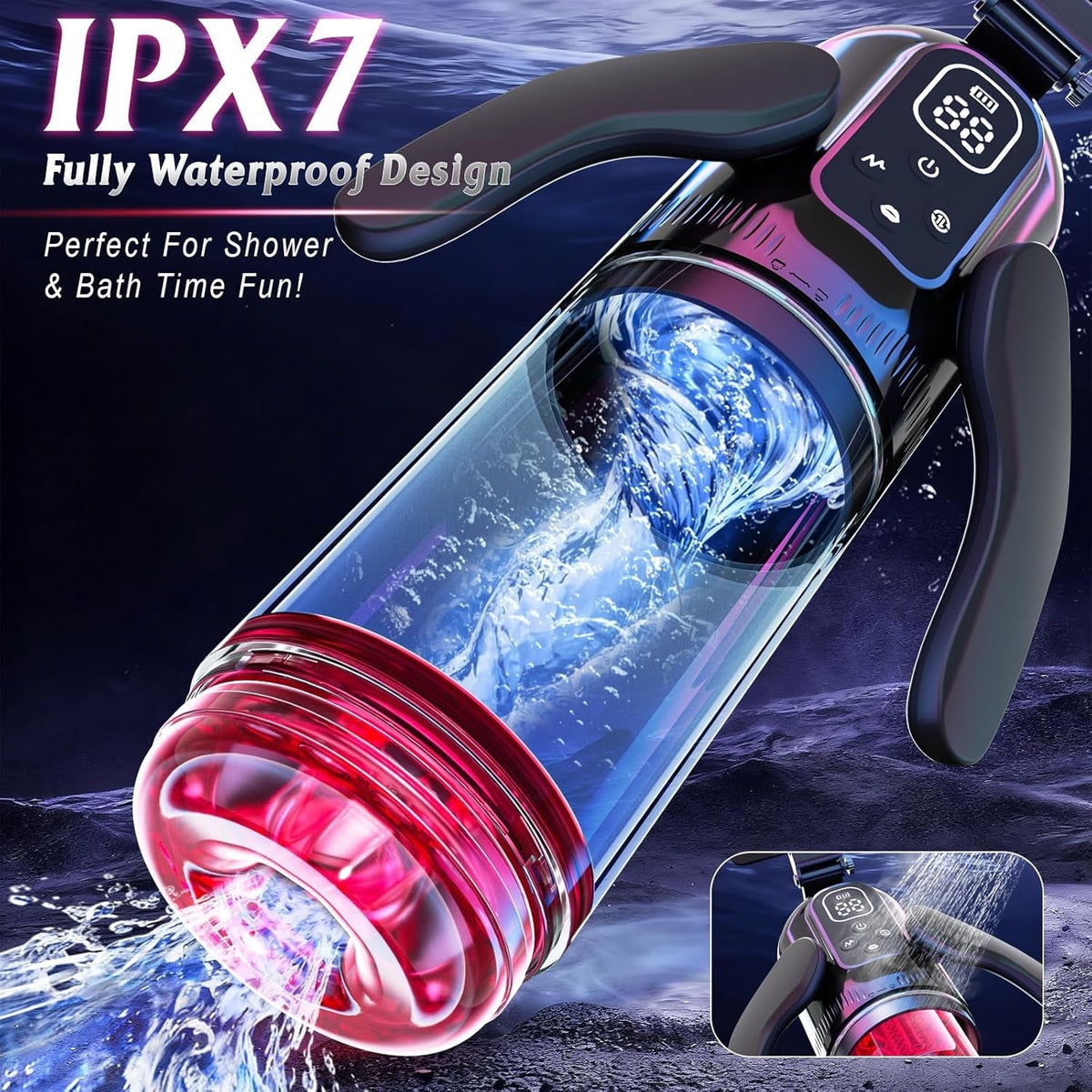 Water-resistant male masturbator with curved handles, clear barrel, and red spinning sleeve