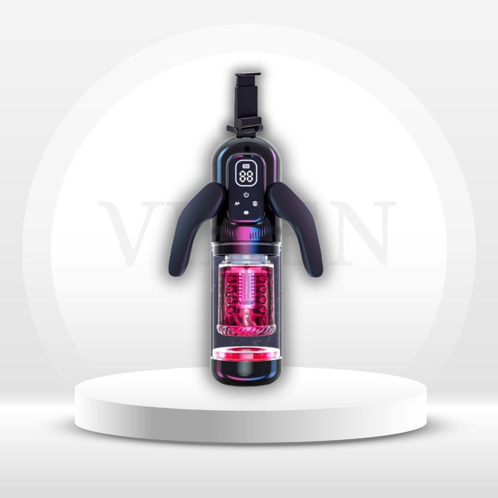Male masturbator with twin handles, purple control panel, and transparent red chamber