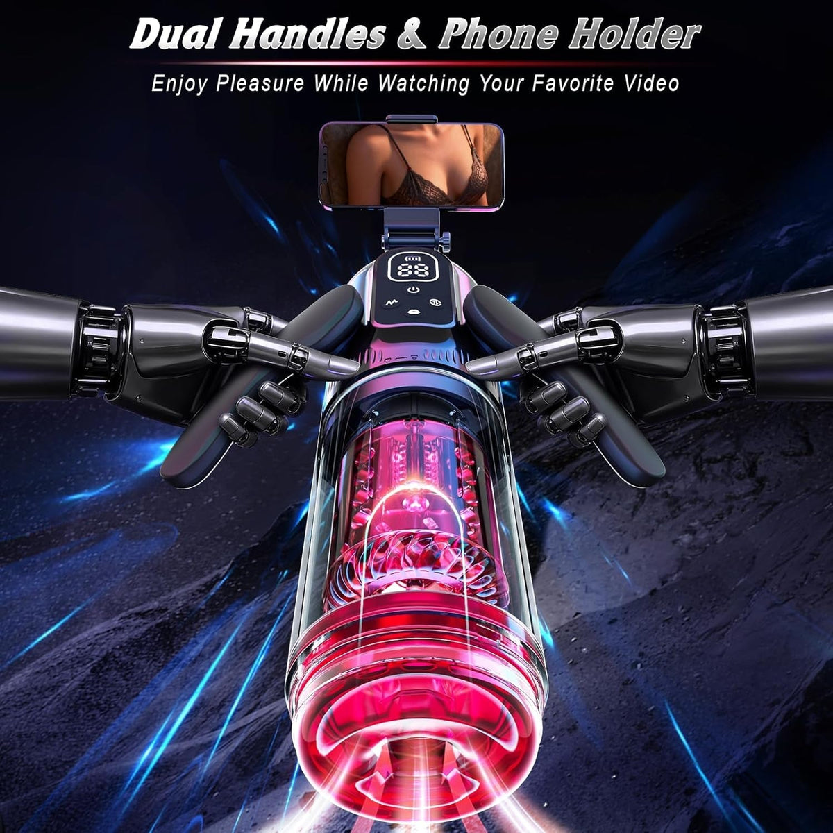 Male masturbator with dual handles and phone holder above clear red chamber
