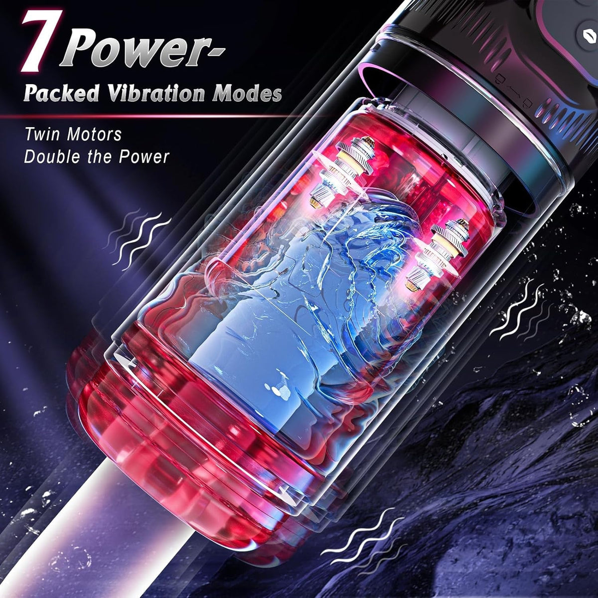 Male masturbator with transparent barrel, red LEDs, and metallic silver exterior