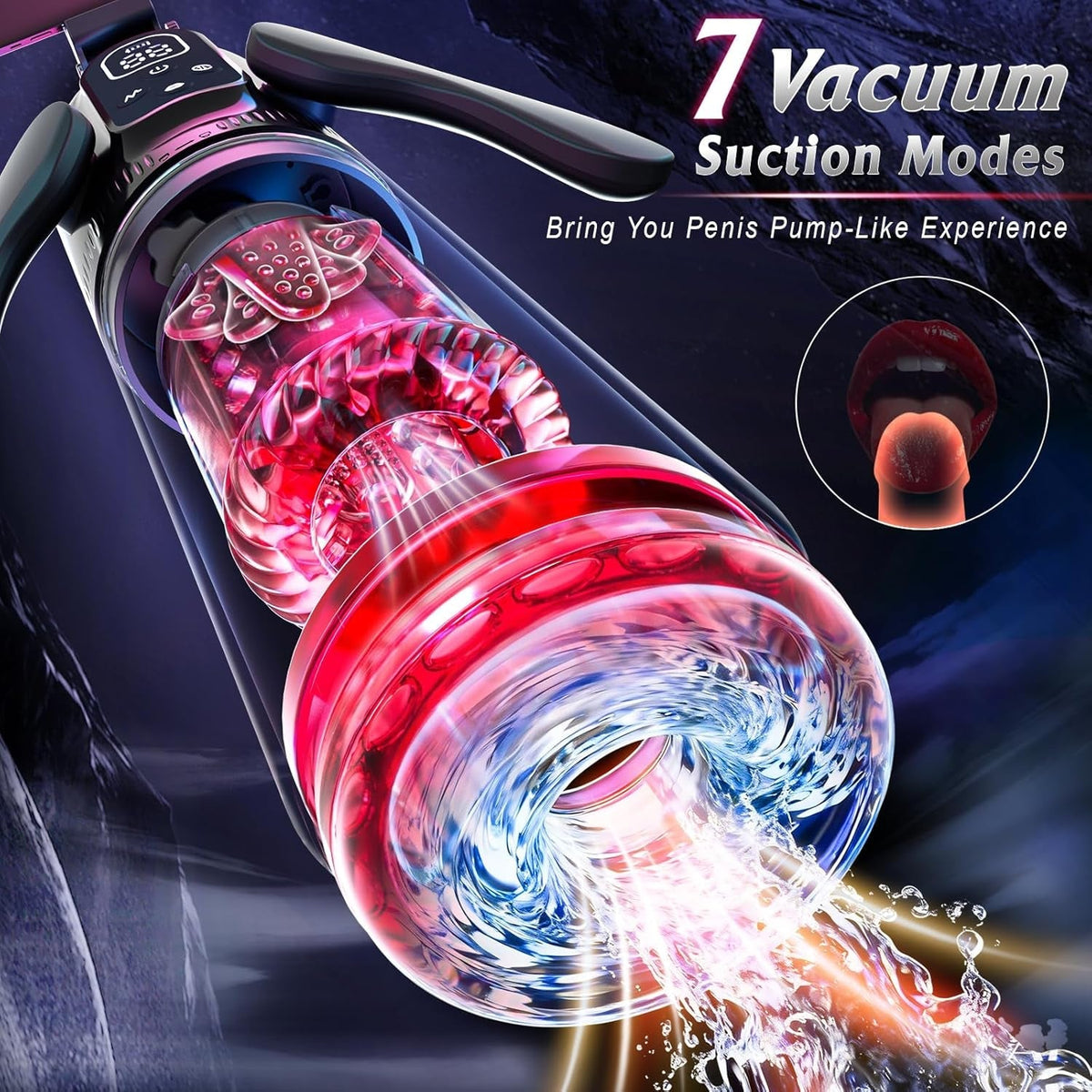 Male masturbator with suction-style nozzle and clear red rotating chamber