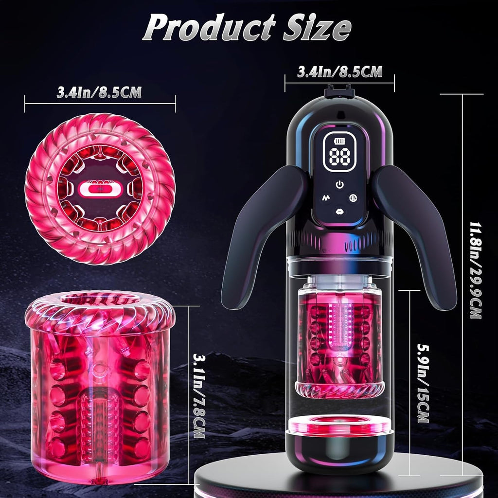 Male masturbator product-size diagram showing front, side cylinder, and measurements