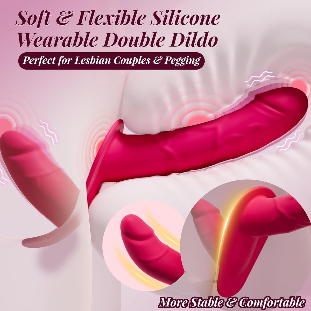 Soft flexible red silicone double dildo with two rounded ends