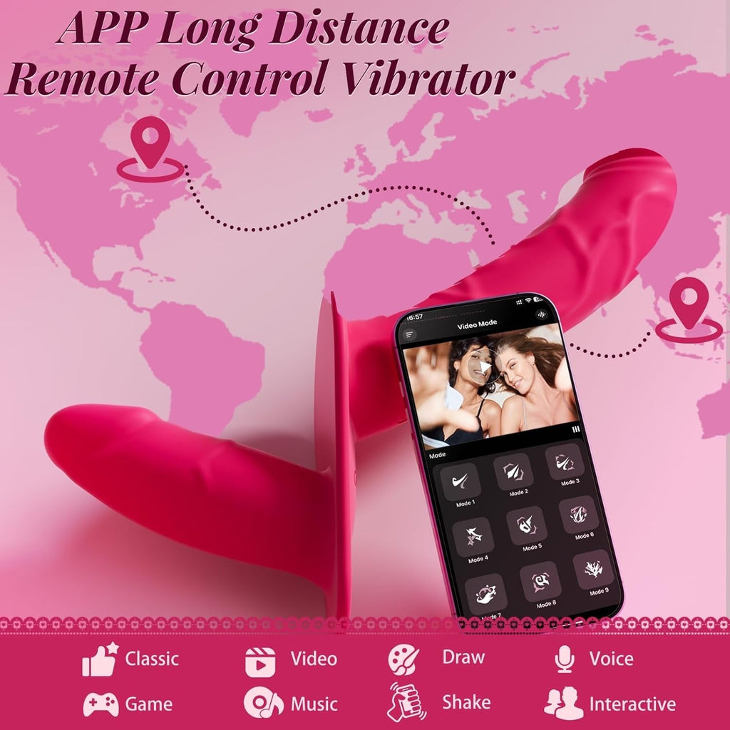 Red double dildo with app-controlled remote smartphone shown