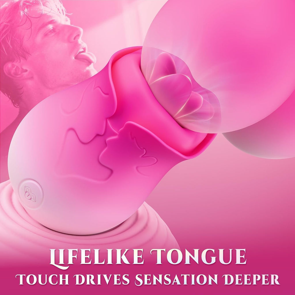 Pink pleasure stimulator with rounded tip and petal-shaped attachment, close-up