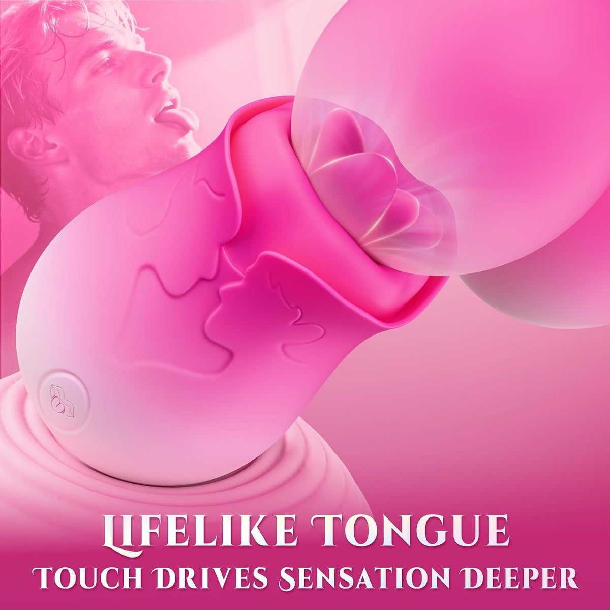 Pink pleasure stimulator with rounded tip and petal-shaped attachment, close-up