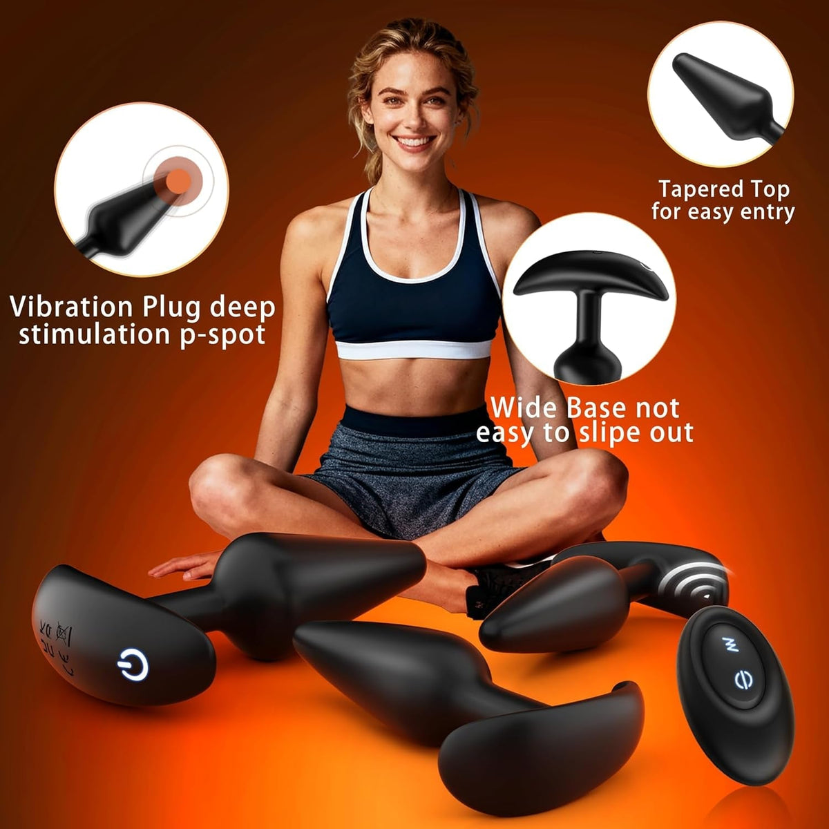 3-piece velvet training set: black butt plugs with remote fob and wide base