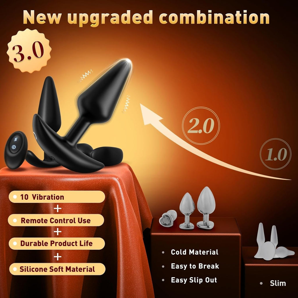 3-piece velvet training set: three black silicone butt plugs with remote, numbered modes shown
