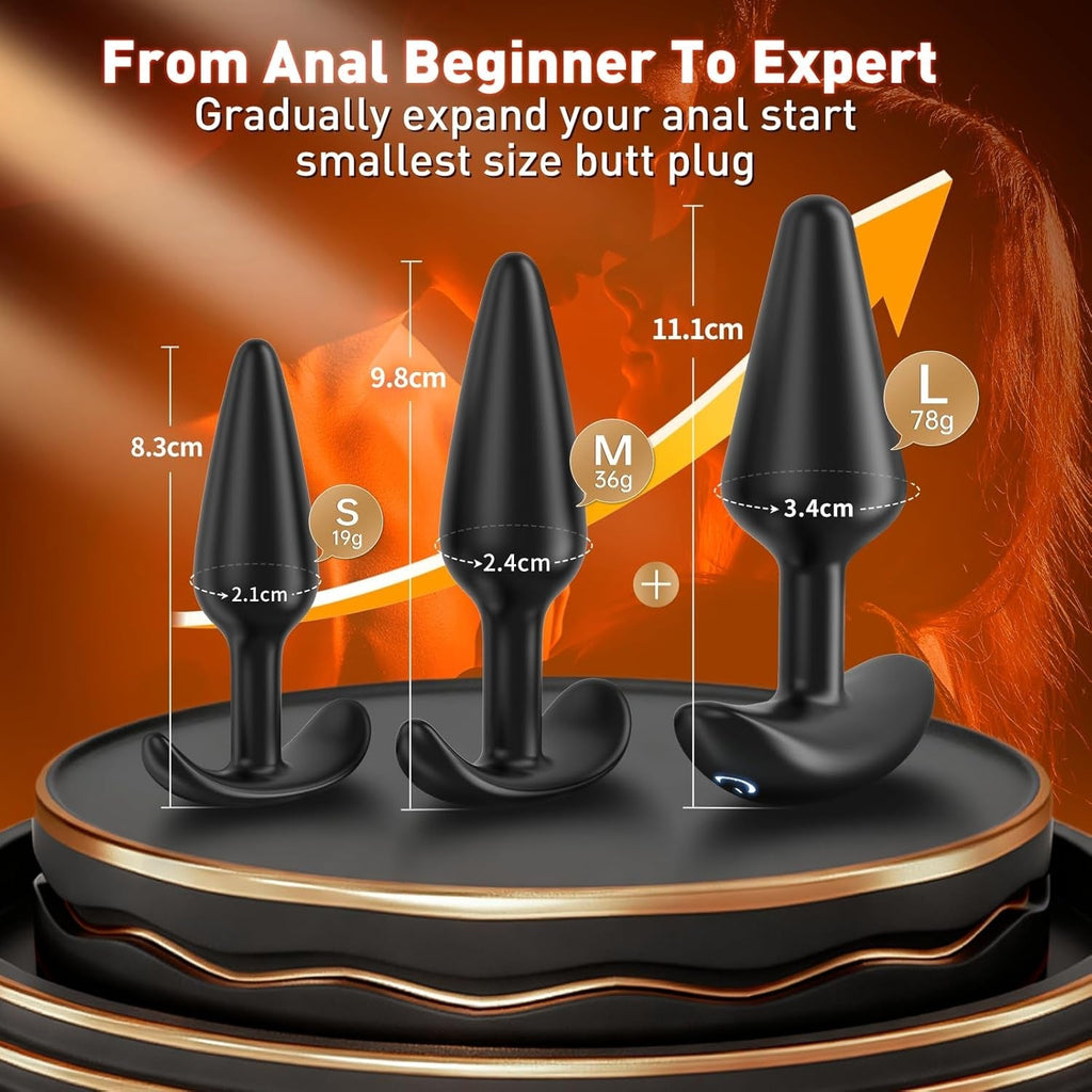 3-piece velvet training set: black butt plugs in S, M, and L sizes