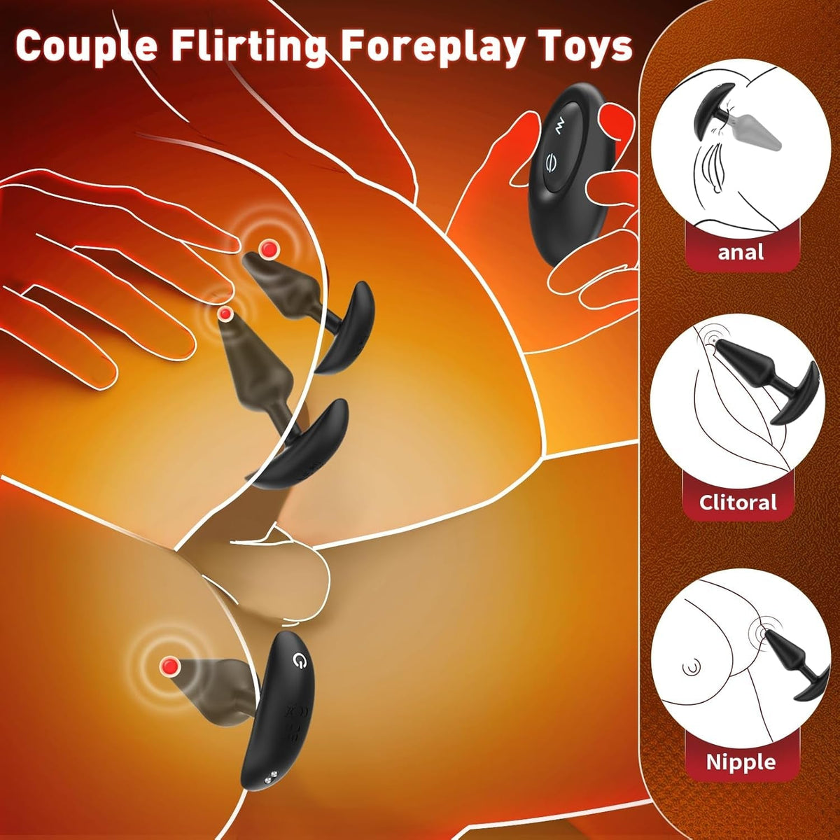 3-piece velvet training set: black butt plugs and oval remote fob, shown for couple play