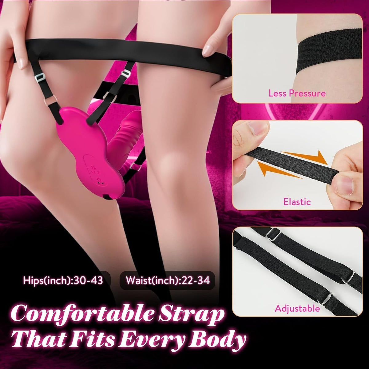 Pink vibrating ride-on toy with adjustable black elastic strap harness