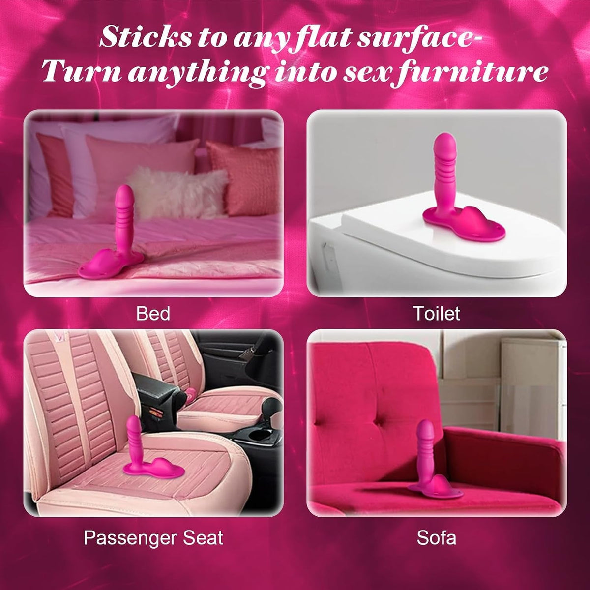 Pink vibrating ride-on toy shown on bed, toilet, passenger seat, and sofa