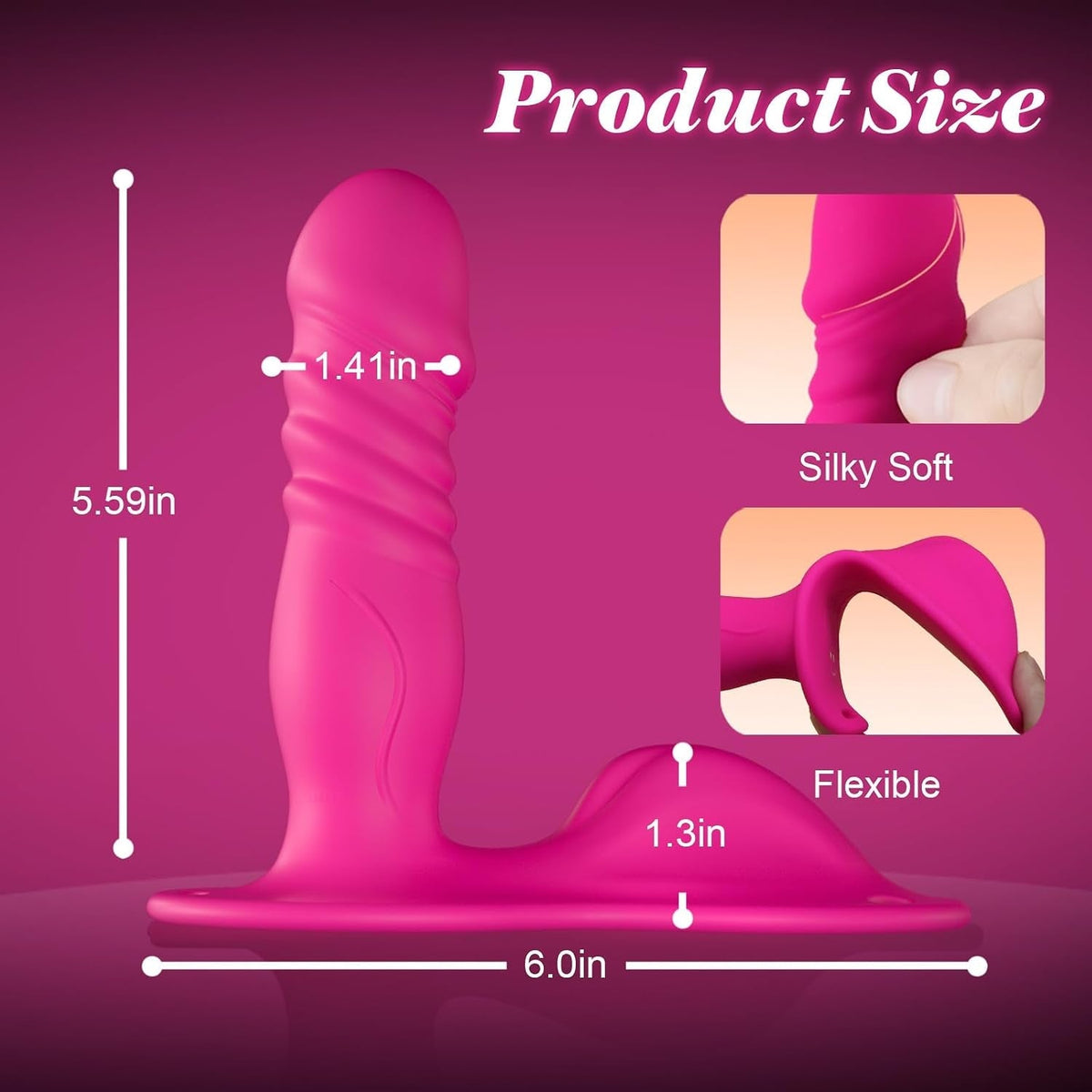 Pink vibrating ride-on toy with smooth curved body and flexible ribbed shaft